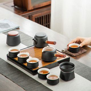 京东京造 家用功夫茶具套装 12件套 茶盘茶壶茶杯茶叶罐双侧把黑陶茶具
