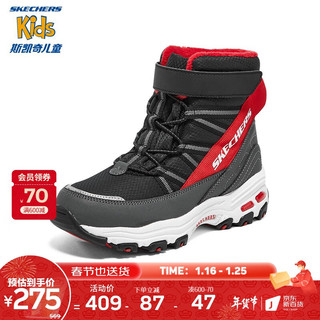 SKECHERS 斯凯奇 儿童雪地靴保暖男童棉鞋2022冬季加绒女童高帮靴子660092L 黑色/红色/BKRD/男童 32