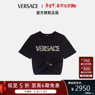 VERSACE 范思哲 奢侈品女装金属别针短款印花LOGO棉质T恤短袖黑色+彩色1004162-1A02992-2B070-36