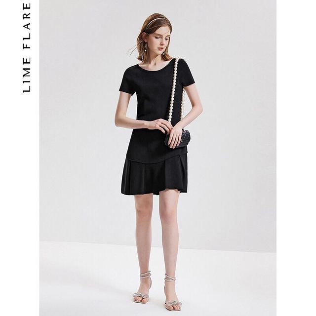 RHINE 莱茵 LIME FLARE 黑色连衣裙2021新款短袖时髦小黑裙A摆显瘦夏俏皮赫本风 黑色 155/76A/S