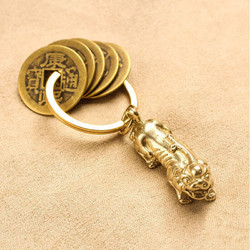abdo 黄铜貔貅钥匙扣挂件五帝钱随身貔貅挂件