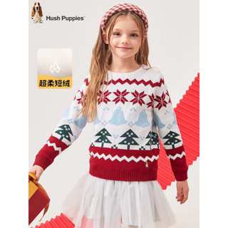 暇步士 童装儿童毛衣男童女童2022年冬季男女大童时尚圣诞印花加绒针织衫 珊瑚红 150cm