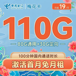 CHINA TELECOM 中国电信 梅花卡19元月租（110G全国流量+100分钟）激活送30