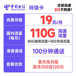 CHINA TELECOM 中国电信 玲珑卡19元月租（110G全国流量+100分钟）激活送30