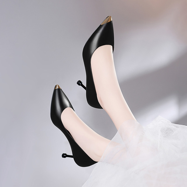 莱卡金顿 金属优雅尖头细跟高跟鞋女单鞋四季浅口百搭高跟鞋婚鞋