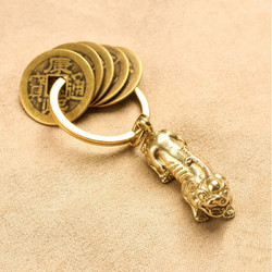 贝柚 黄铜貔貅钥匙扣挂件五帝钱随身貔貅挂件