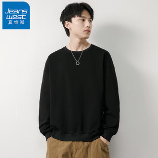 JEANSWEST 真维斯 卫衣男士纯色ins风上衣 2023春季潮流圆领套头休闲长袖T恤黑色L