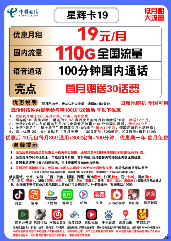 CHINA TELECOM 中国电信 星辉卡 19元月租（110G全国流量+100分钟通话）送30话费