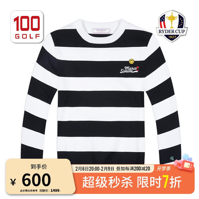 RYDER CUP 莱德杯高尔夫服装女毛衣春季保暖圆领条纹针织衫女 白黑 XS