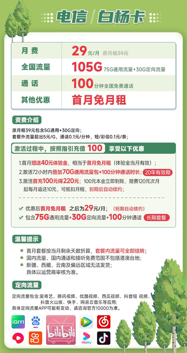 CHINA TELECOM 中国电信 白杨卡 29元月租（105G全国流量+100分钟通话）长期20年 激活送40