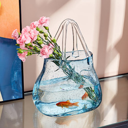 翻旧事 北欧轻奢透明手提篮包包玻璃花瓶摆件网红鱼缸客厅插花家居装饰品