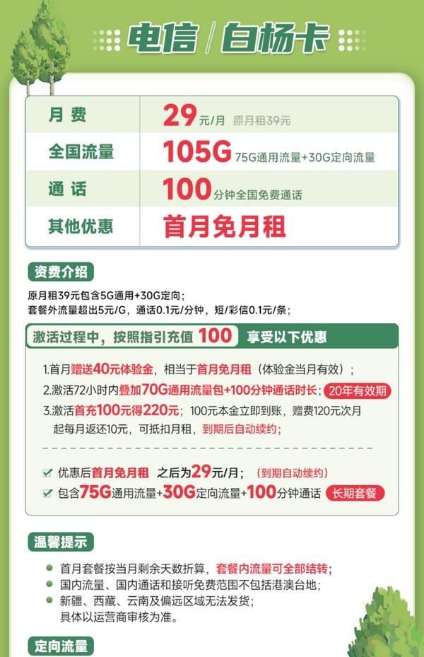 CHINA TELECOM 中国电信 白杨卡 29元月租（105G全国流量+100分钟通话）长期20年 激活送40