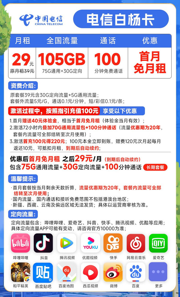 CHINA TELECOM 中国电信 白杨卡 29元月租（105G全国流量+100分钟通话）20年长期卡 流量可结转