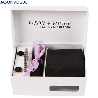 JASONVOGUE 杰尚维格 领带男士8.5cm宽 领带夹袖扣口袋巾4件套商务正装新郎结婚领带 JVTZ001 黑色