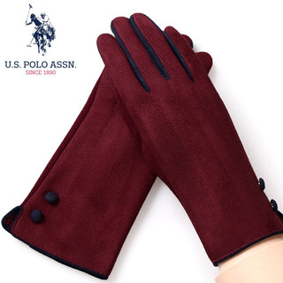 us polo assn U.S.POLO ASSN.麂皮绒手套女秋冬季加绒加厚保暖防风防寒骑车防滑可触屏手套女礼盒装 PSTWD-62006 酒红