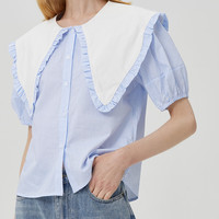 HOWL STUDIO HOWL设计师品牌彼得潘大翻领娃娃领条纹短袖衬衫女上衣2022夏新款