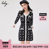 LILY春新款女装气质V领修身显瘦黑色提花打底针织长袖连衣裙 510黑色a M