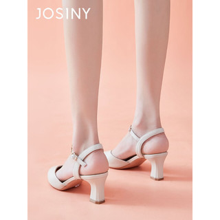Josiny 卓诗尼 包头凉鞋女2023年夏新款时装尖头单鞋子百搭一字扣带粗跟高跟鞋女 米白色 38