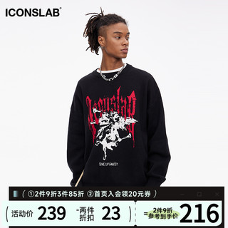 ICONSLAB 复古美式哥特字体提花圆领套头毛衣百搭上衣情侣打底衫