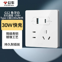 公牛 开关插座 G12系列 五孔插座带USB Type-C接口30w快充 86型面板G12E537 白 暗装