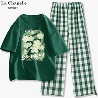 抖音超值购：La Chapelle 运动套装女夏季2023新款减龄纯棉短袖格子裤两件套春装J