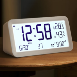码仕 闹钟学生温湿度计大屏充电电子智能多功能夜光儿童LCD床头钟白
