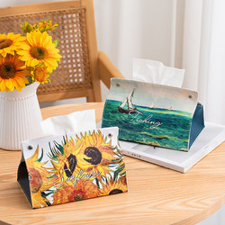 BOMAROLAN 堡瑪羅蘭 田園風油畫皮革紙巾盒現代創意家居客廳桌面茶幾裝飾抽紙盒收納盒