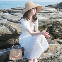 限尺码：TiTi 夏季新款泡泡袖小白裙女超仙甜美海边度假V领连衣裙