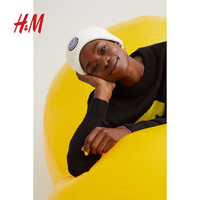 HM女士帽子时尚休闲双层柔软宽帽檐贴花保暖罗纹针织帽1033237