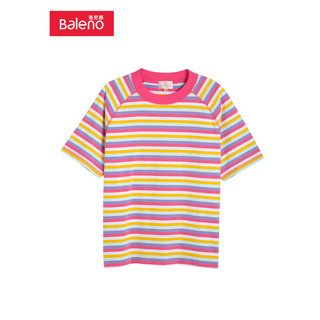 Baleno 班尼路 夏季短袖t恤女条纹圆领潮流休闲撞色打底衫 51R 桃紅色 M