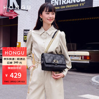 HONGU 红谷 女士包包女包时尚菱格链条单肩包牛皮气质百搭斜挎包小方包H5154337漆黑