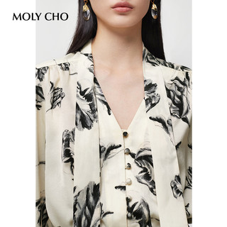 MOLYCHO法式飘带印花衬衫上衣女春秋 设计感小众系带灯笼袖衬衣