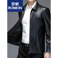 ROMON 罗蒙 品牌高档男装海宁真皮皮衣男翻领中年山羊皮皮夹克薄款中老年爸爸装皮外套休闲 翻领黑色 L/175(体重120-135斤)