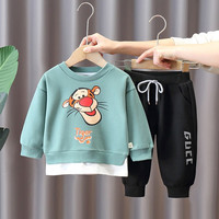 哈利城堡 童装儿童虎头衣服套装春装新款男童宝宝纯棉假两件卫衣裤子两件套 绿色（卫衣+裤子） 100码