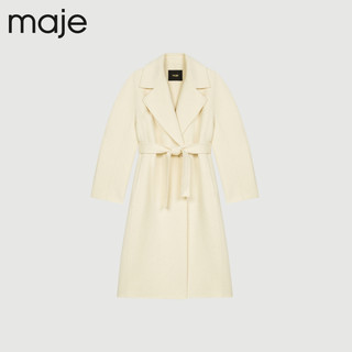 maje秋冬女装法式长款纯色系带收腰羊毛混纺大衣外套MFPOU00910