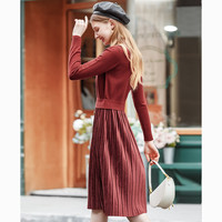 I BELIEVE YOU 艾蓓怡 假两件长袖条纹毛衣裙子拼接丝绒秋冬高腰百褶收腰连衣裙