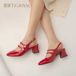 tigrisso 蹀愫 春秋新款珍珠圆头玛丽珍鞋粗跟小皮鞋包头凉鞋女鞋TA32129-82