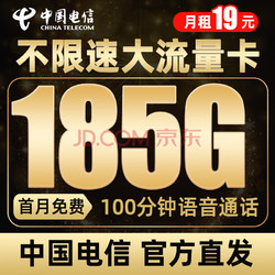 CHINA TELECOM 中国电信 云端卡 19元（185G流量+100分钟通话）首月免月租