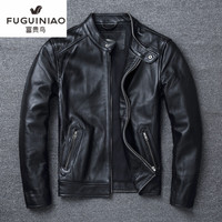 富贵鸟头层牛皮外套修身立领机车服真皮皮衣男软牛皮韩版大码夹克潮 黑色 2XL