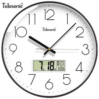Telesonic 天王星 挂钟 客厅万年历钟表3D立体创意双日历温度时钟简约石英钟薄边挂表 钢琴黑35CM日历款
