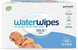 water wipes WaterWipes 婴儿湿巾，可生物降解，由 99.9% 水制成，无香味，适合低敏肌肤，720 片（12 包）