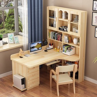 尚静 实木书桌书柜组合转角电脑桌家用一体学习桌写字台办公桌 W款原木色-玻璃门(右书架) 120*80*195cm