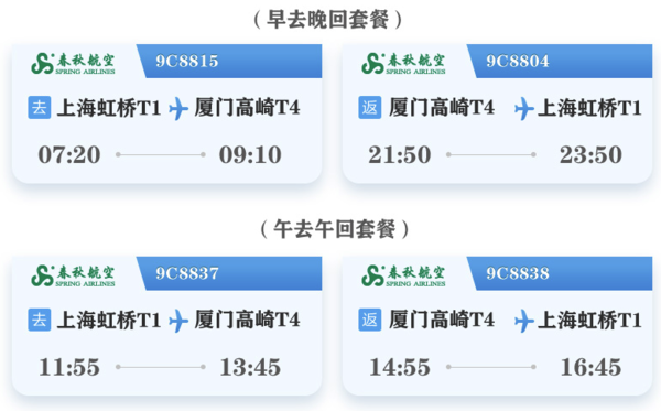 再降价：含机建燃油费！有行李额！春秋航空上海直飞厦门4日往返机票（含7kg手提+10kg托运行李额）