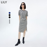 LILY 2023夏新款时髦开叉修身显瘦条纹短袖连衣裙