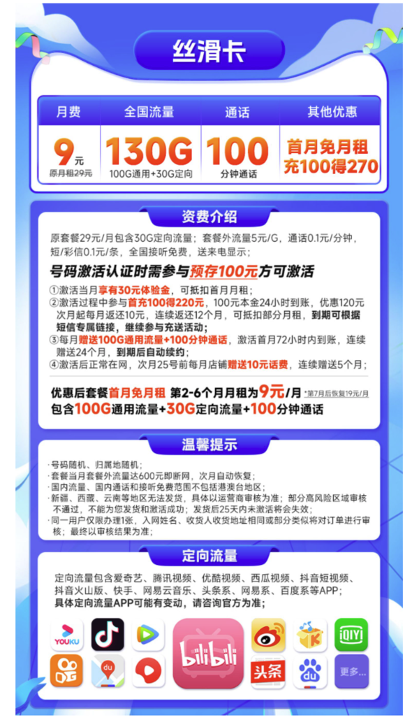 CHINA TELECOM 中国电信 长期丝滑卡 9元月租（130G全国流量+100分钟通话）