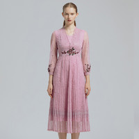 SUSSI 古色（女装） 法式复古宫廷风粉色蕾丝X型连衣裙七分袖连衣裙女裙裙子