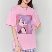 女式短袖t恤夏季粉色二次元宽松上衣2023新款 L 粉色