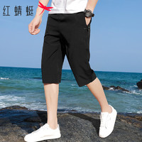 红蜻蜓 短裤男夏季薄款潮流运动休闲七分裤百搭修身直筒短裤 黑色 XL