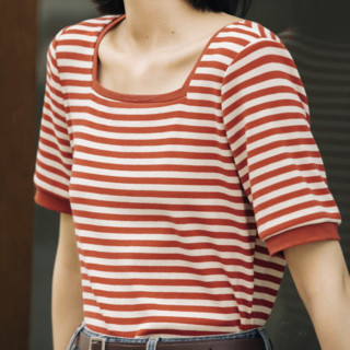 INMAN 茵曼 女士方领短袖T恤 F18225037 砖红条纹 XL