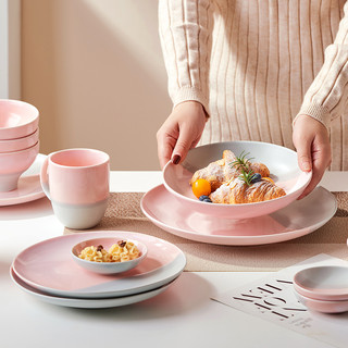 单人餐具套装粉色的碗一人食奶油风可爱少女心2人情侣韩式碗碟盘 1人食简约版